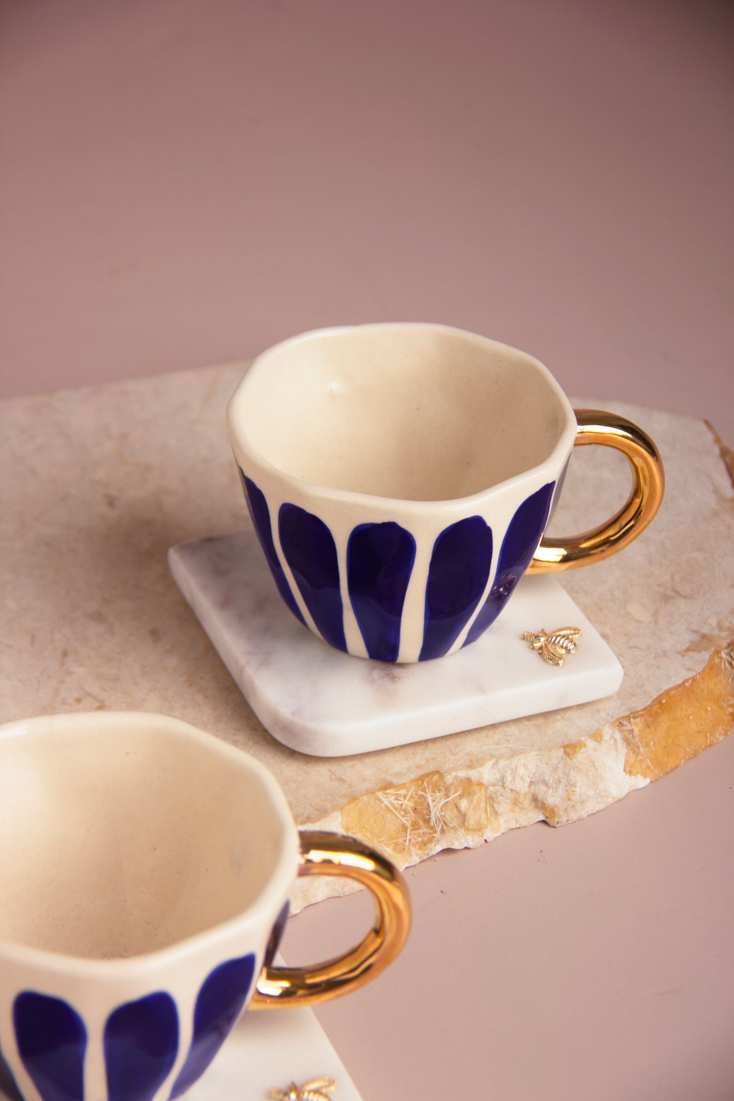 " Royal Blue Hand-Painted Ceramic Cup Set with Gold-Plated Handles & Honey Bee Marble Coasters – Set of 2 (Gift Box Included)