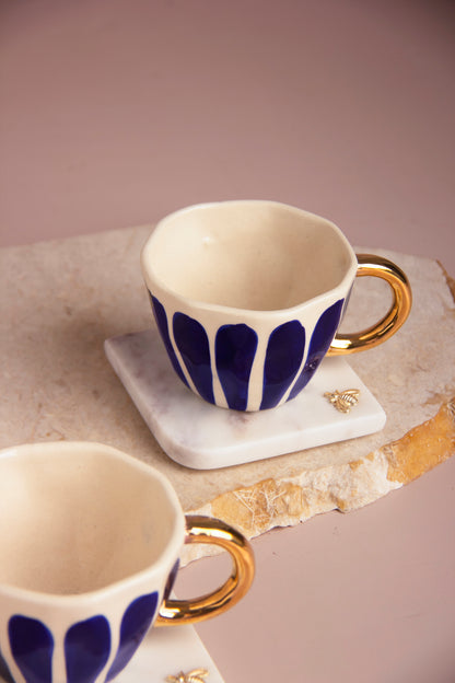 " Royal Blue Hand-Painted Ceramic Cup Set with Gold-Plated Handles & Honey Bee Marble Coasters – Set of 2 (Gift Box Included)