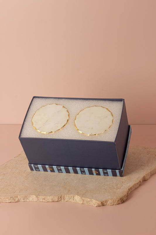 Elegant Hand-Painted Ceramic Cup Set with Round Marble Coasters - Set of 2 (Gift Box Included)