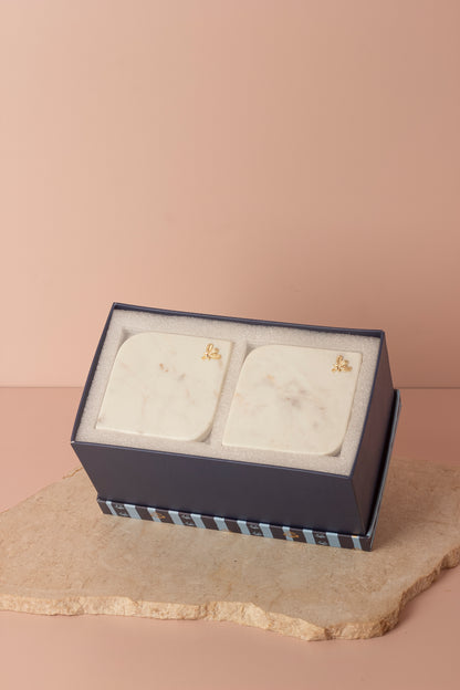 Royal Blue Hand-Painted Ceramic Cup Set with Gold-Plated Handles & Honey Bee Marble Coasters – Set of 2 (Gift Box Included)