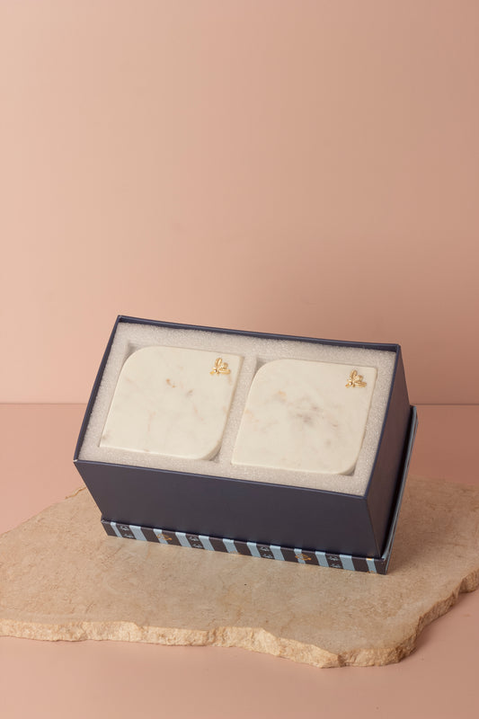 Royal Blue Hand-Painted Ceramic Cup Set with Gold-Plated Handles & Honey Bee Marble Coasters – Set of 2 (Gift Box Included)