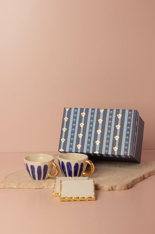 Luxury Hand-Painted Ceramic Cup Set with Gold Accents and Square Marble Coasters - Set of 2 (Gift Box Included)