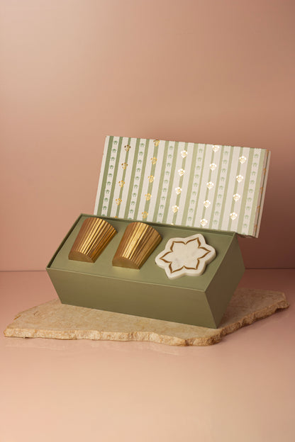 Golden Fluted Brass Glass & Marble Urli Coasters with Brass Inlay (set of 2) - Gift Set