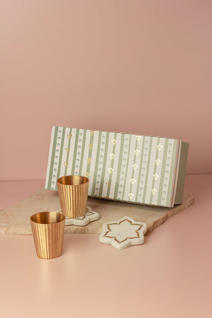 Golden Fluted Brass Glass & Marble Urli Coasters with Brass Inlay (set of 2) - Gift Set