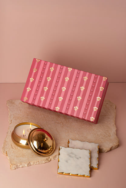 Geometric Embossed Gold Double Wick Scented Candle and Set of 2 Marble coasters with Gold Border
