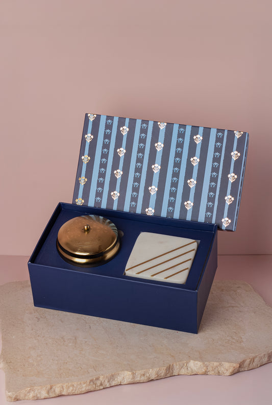 Matte Gold Embossed Jasmine Scented Candle & Marble Strips Brass Inlay Coasters (set of 2) - Gift Set
