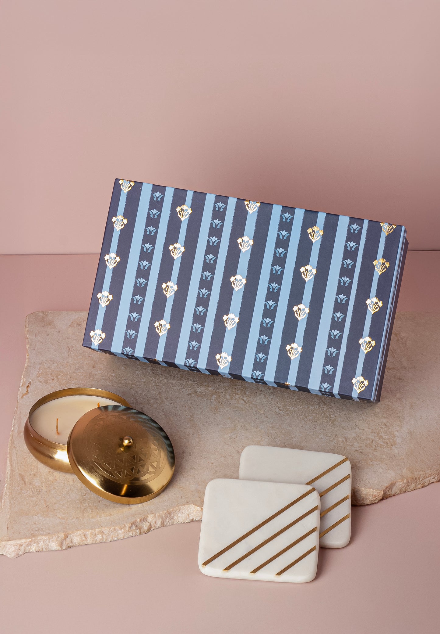 Matte Gold Embossed Jasmine Scented Candle & Marble Strips Brass Inlay Coasters (set of 2) - Gift Set