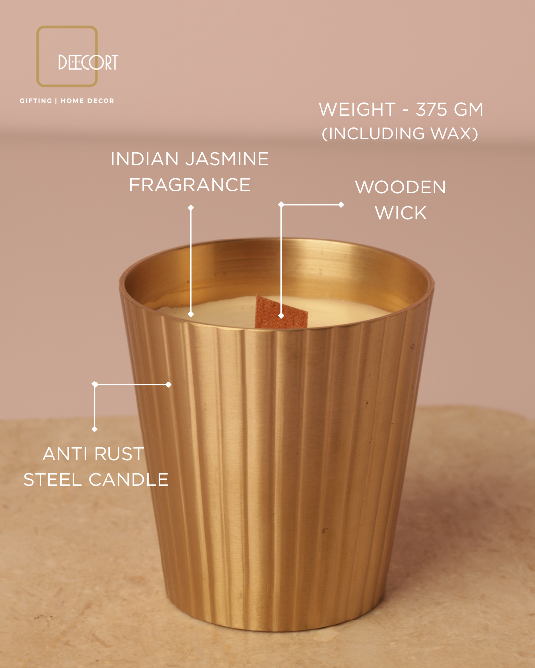 Gold Taper Fluted Candle with Wooden Wick