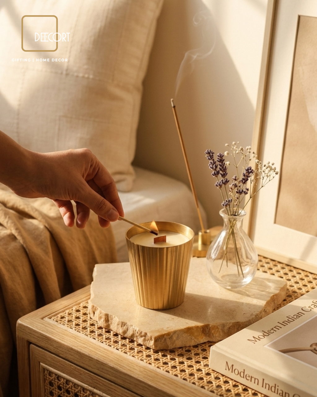 Gold Taper Fluted Candle with Wooden Wick