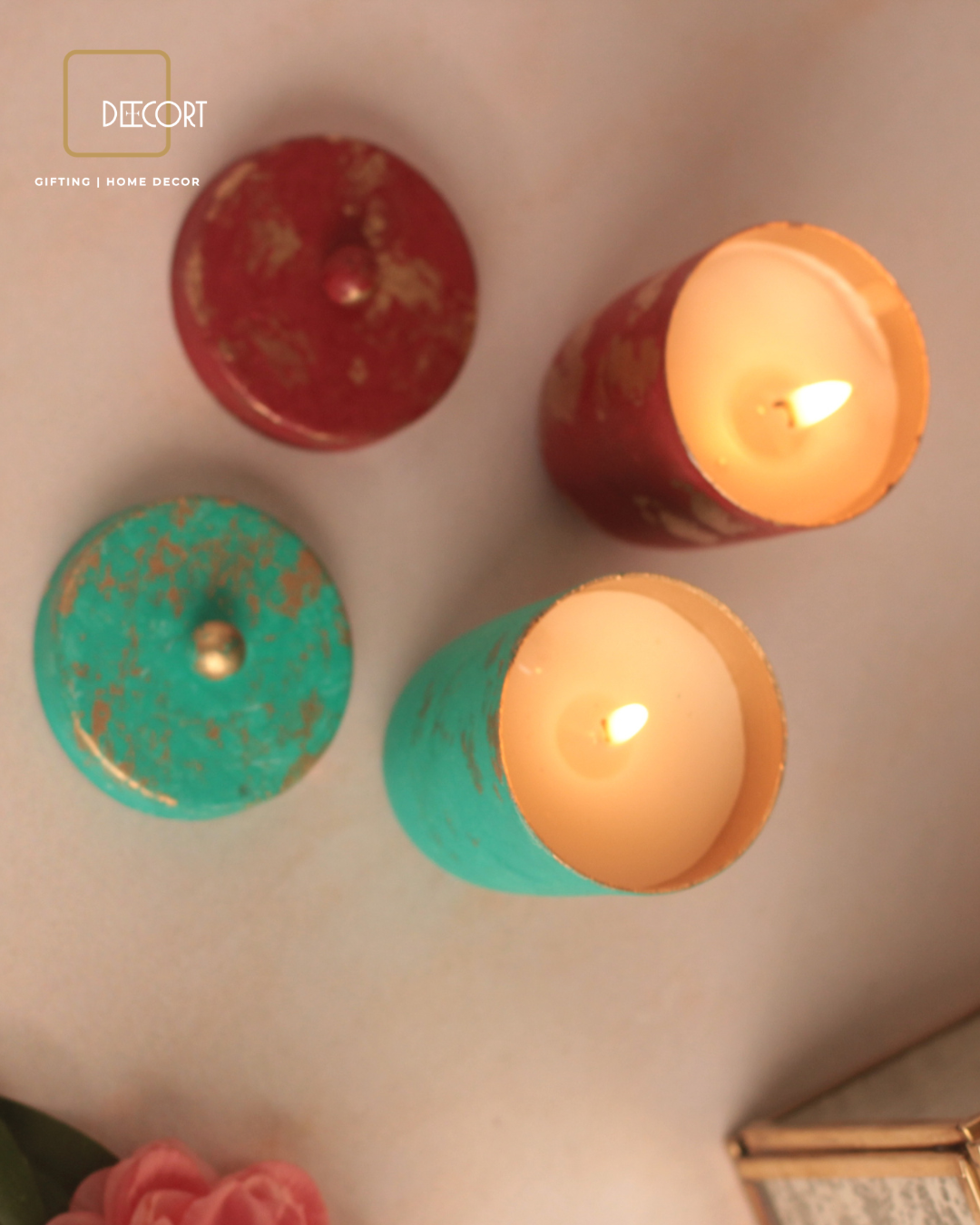 Handcrafted Decorative Scented Candles with Lids -Red & Teal Set of 2