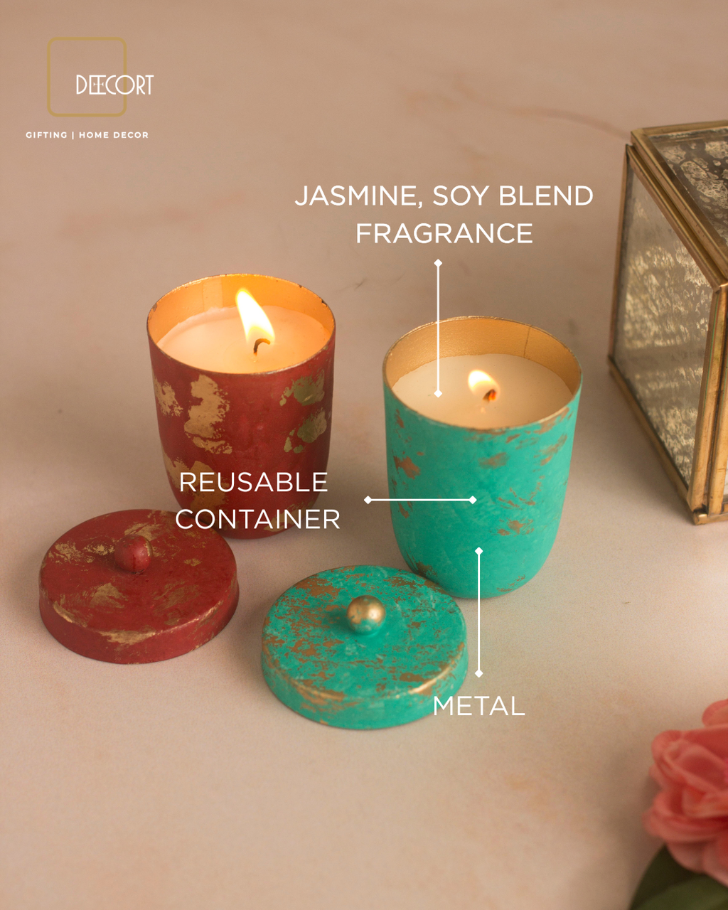Handcrafted Decorative Scented Candles with Lids -Red & Teal Set of 2