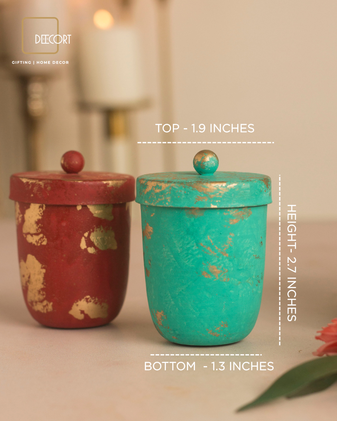 Handcrafted Decorative Scented Candles with Lids -Red & Teal Set of 2