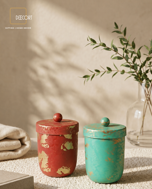Handcrafted Decorative Scented Candles with Lids -Red & Teal Set of 2
