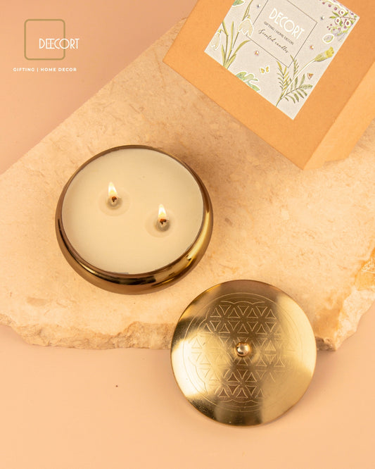 Matte Gold Double Wick Embossed Jasmine Scented Candle With Lid