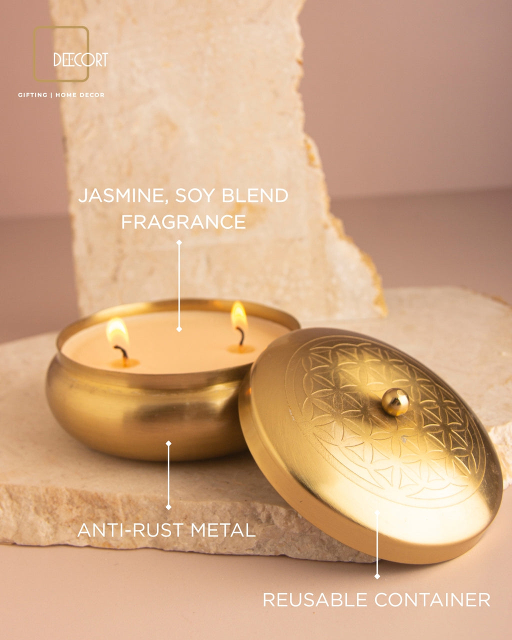 Matte Gold Double Wick Embossed Jasmine Scented Candle With Lid