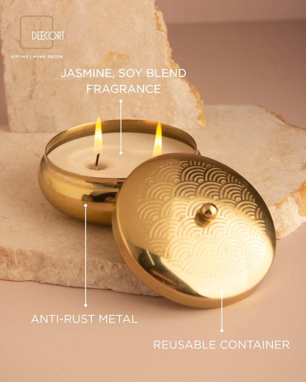 Glossy Gold Double Wick Embossed Jasmine Scented Candle