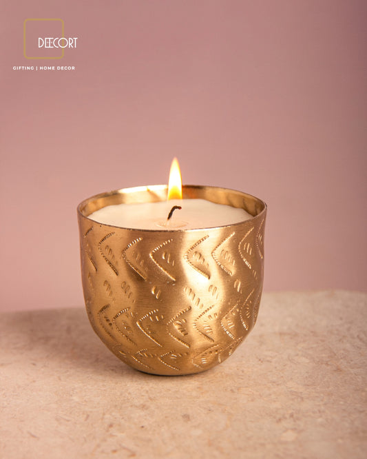 Gold-Plated Indian Jasmine Scented Candle –  Embossed Chevron Pattern with Cotton Wick