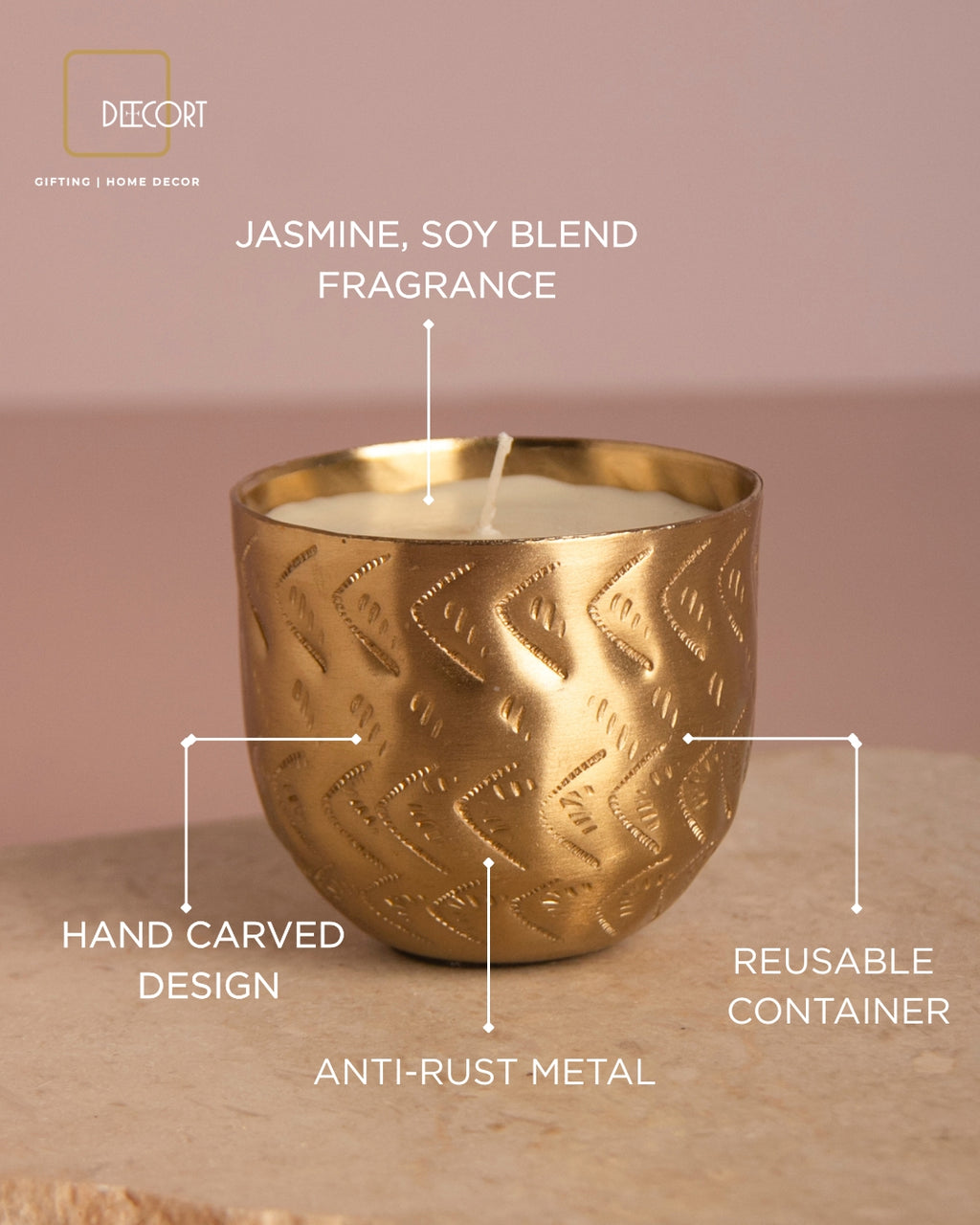 Gold-Plated Indian Jasmine Scented Candle –  Embossed Chevron Pattern with Cotton Wick