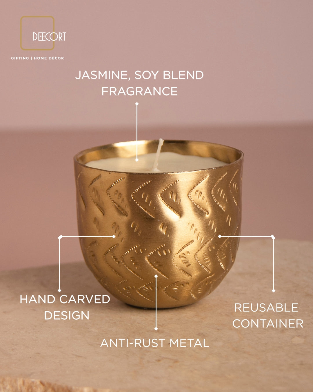 Gold-Plated Indian Jasmine Scented Candle –  Embossed Chevron Pattern with Cotton Wick