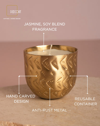 Gold-Plated Indian Jasmine Scented Candle –  Embossed Chevron Pattern with Cotton Wick