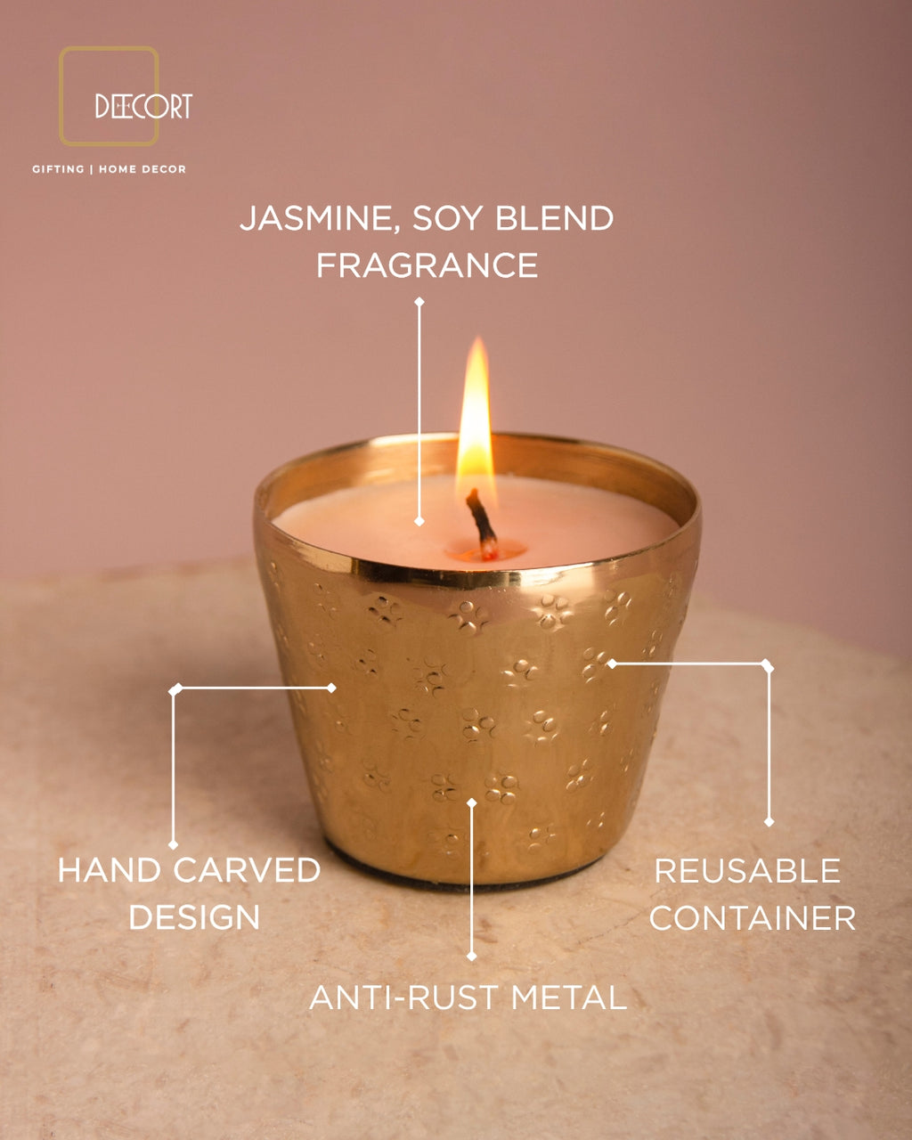 Gold-Plated Hand-Embossed Indian Jasmine Scented Candle – Mini size