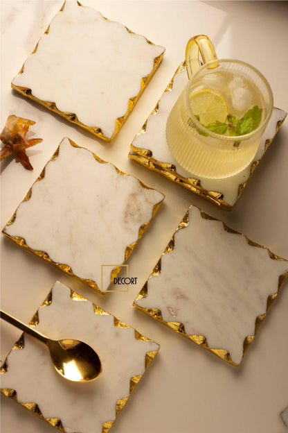 Glacier White Natural Marble Square Coasters with Gold Borders - Set of 4