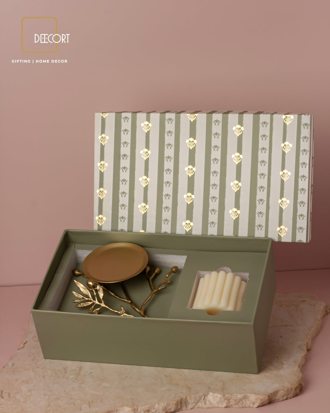 Winterberry Brass Candle Stand and Ivory Fluted Candle Gift Set