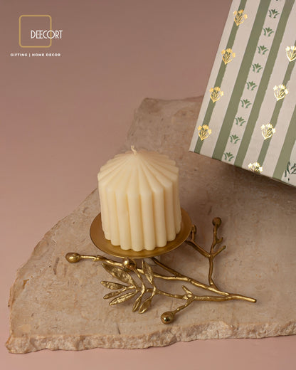 Winterberry Brass Candle Stand and Ivory Fluted Candle Gift Set