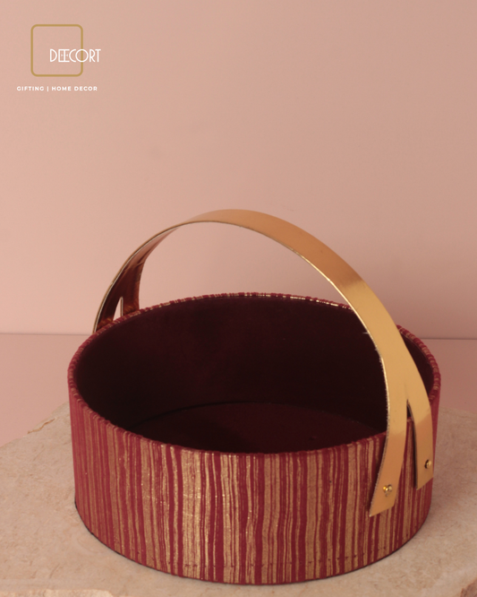 Round Maroon & Gold Textured Basket with Elegant Leather Handle – 10 x 4 Inches