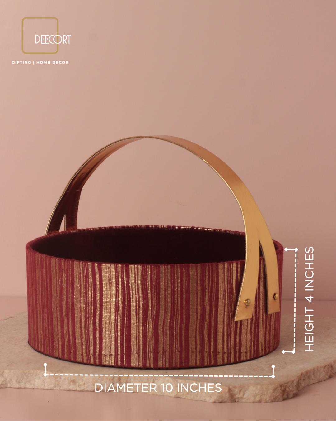 Round Maroon & Gold Textured Basket with Elegant Leather Handle – 10 x 4 Inches