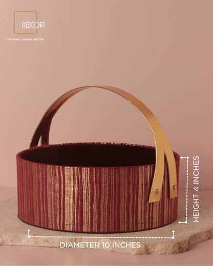 Round Maroon & Gold Textured Basket with Elegant Leather Handle – 10 x 4 Inches