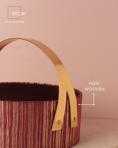 Round Maroon & Gold Textured Basket with Elegant Leather Handle – 10 x 4 Inches