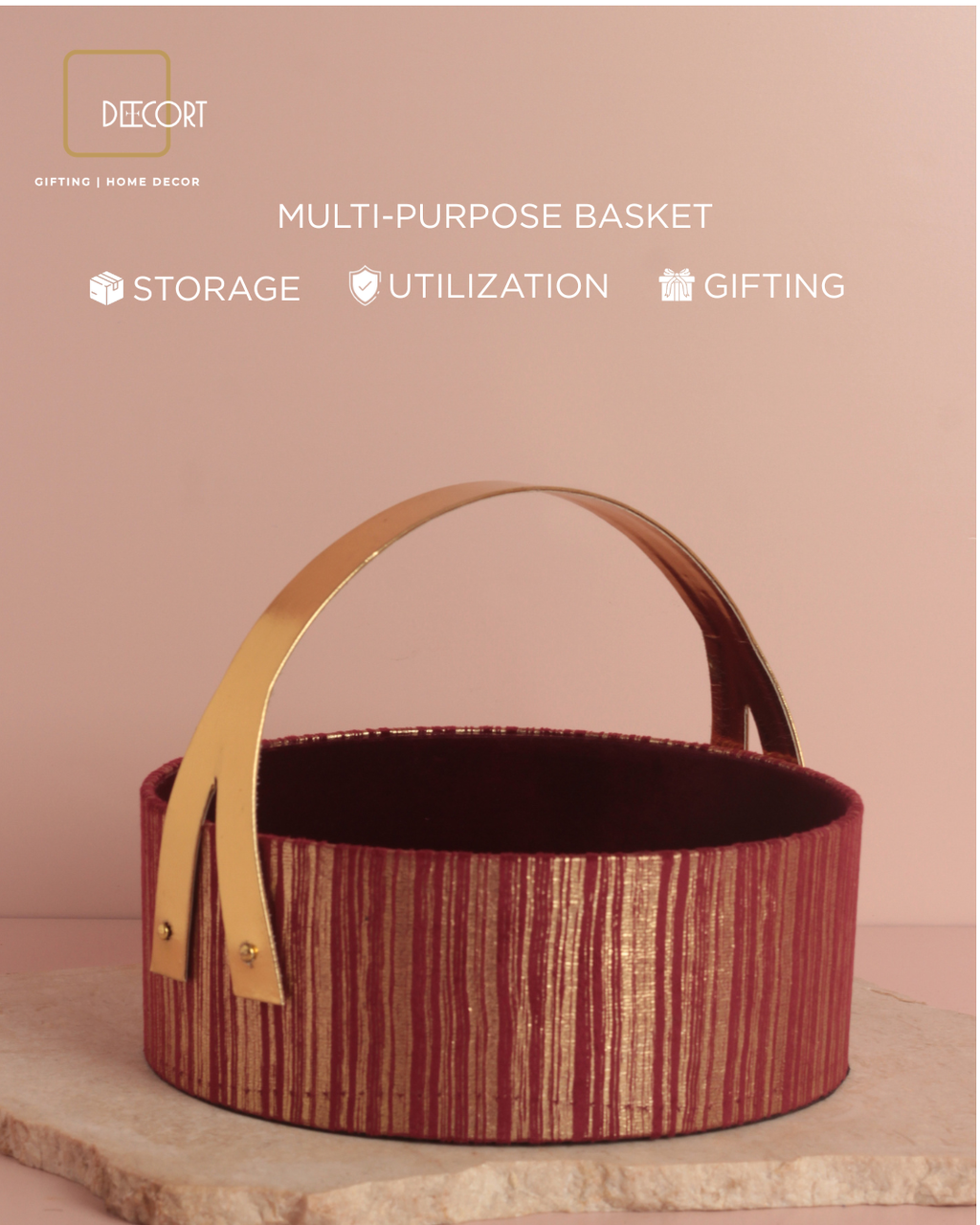 Round Maroon & Gold Textured Basket with Elegant Leather Handle – 10 x 4 Inches