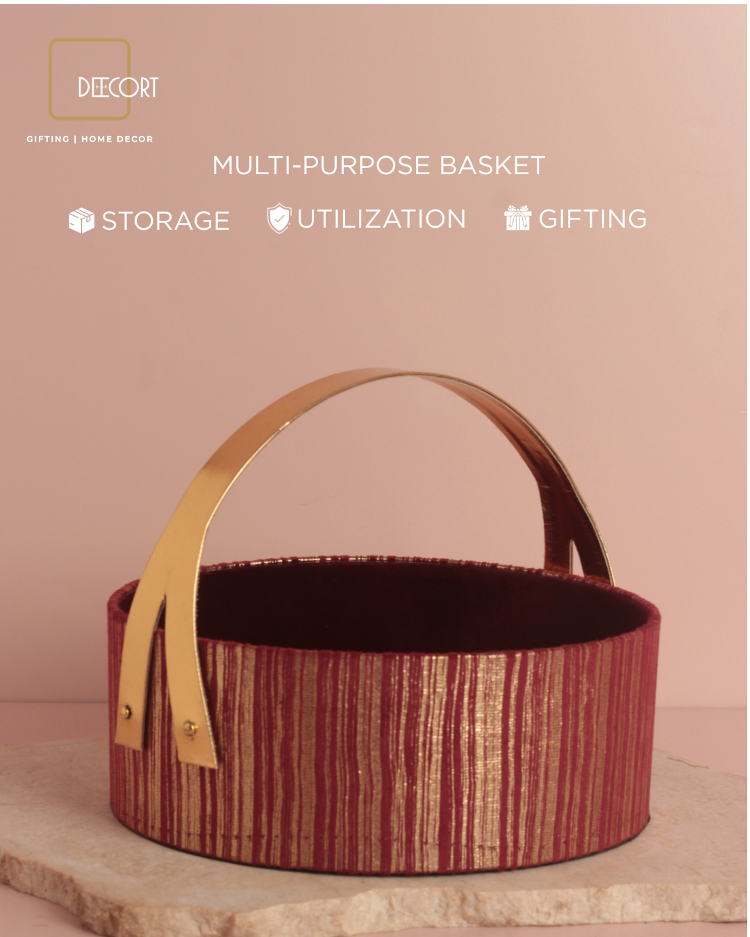 Round Maroon & Gold Textured Basket with Elegant Leather Handle – 10 x 4 Inches