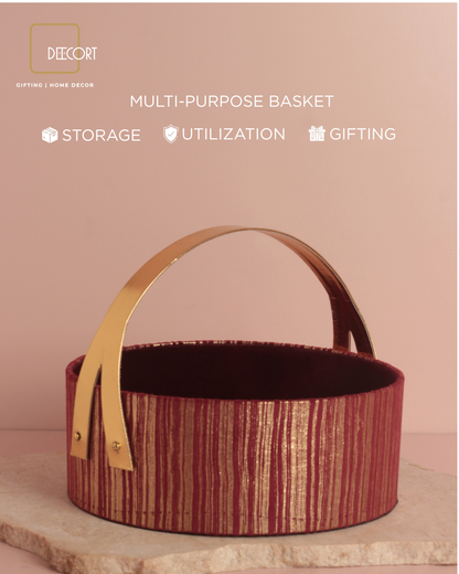 Round Maroon & Gold Textured Basket with Elegant Leather Handle – 10 x 4 Inches